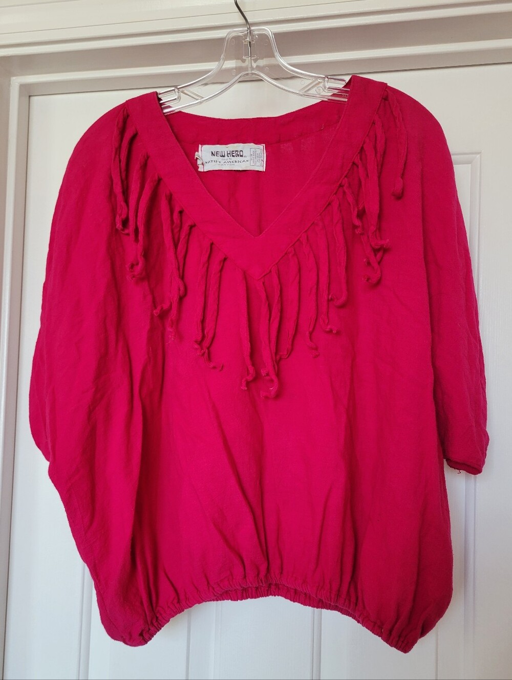 New Hero Native American Cotton Women's Hot Pink V-Neck Fringe Top